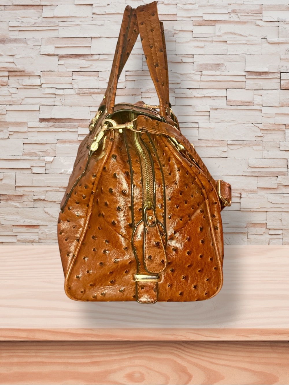 Michael Kors Cognac Ostrich-Embossed Leather Satchel w/ Guillotine Closure - Picture 4 of 8